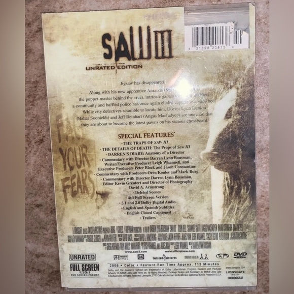 Saw III DVD Full Screen Horror Scary Movie Adults PG-13 Unrated Edition 2006 - Picture 2 of 2